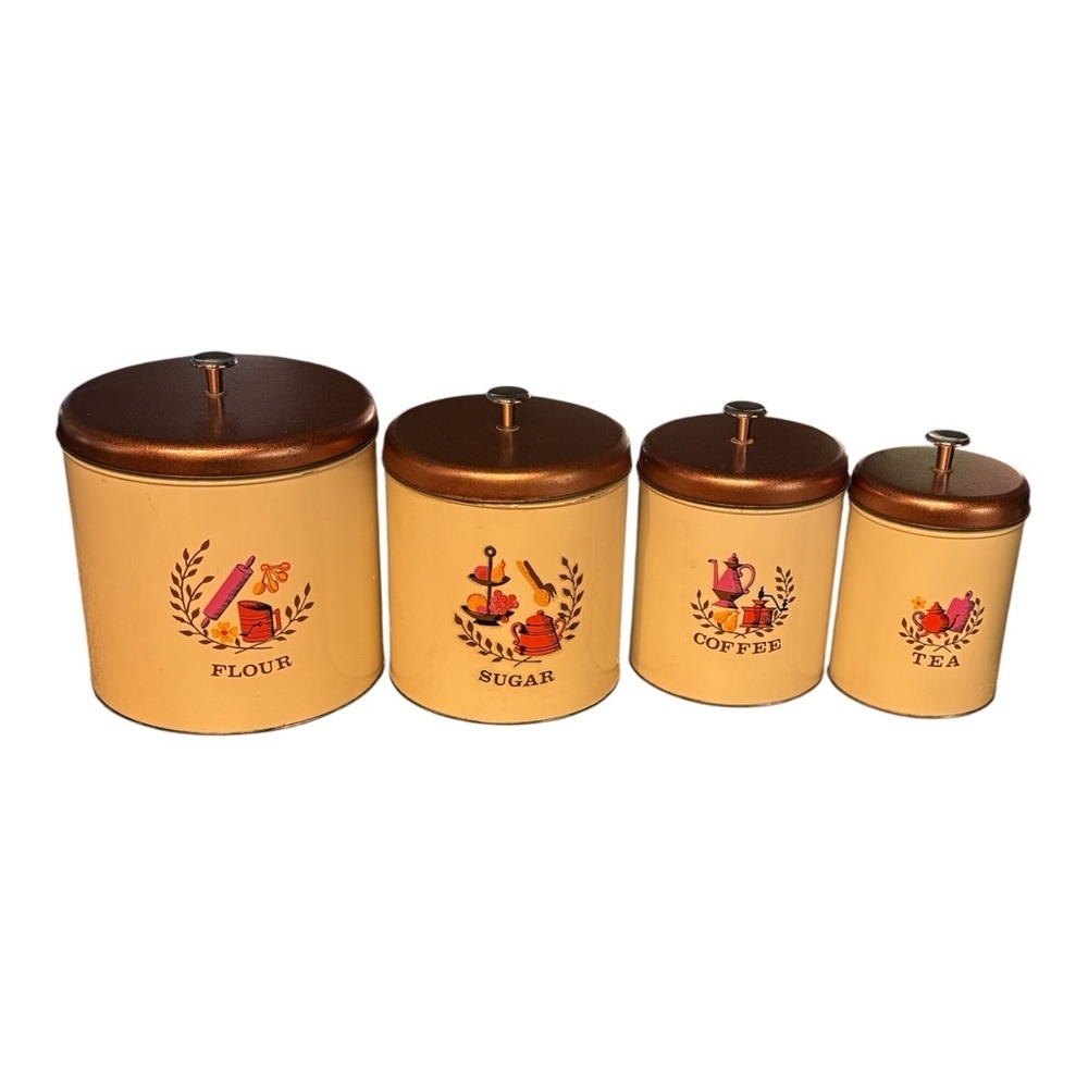 1960s White & Copper 4 Piece Kitchen Canister Set